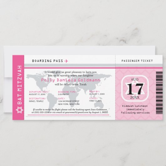 Pink Bat Mitzvah World Traveller Boarding Pass Einladung (Vorderseite)