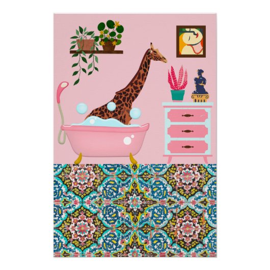 Pink Bathing Giraffe Wall Art Print Poster (Vorderseite)