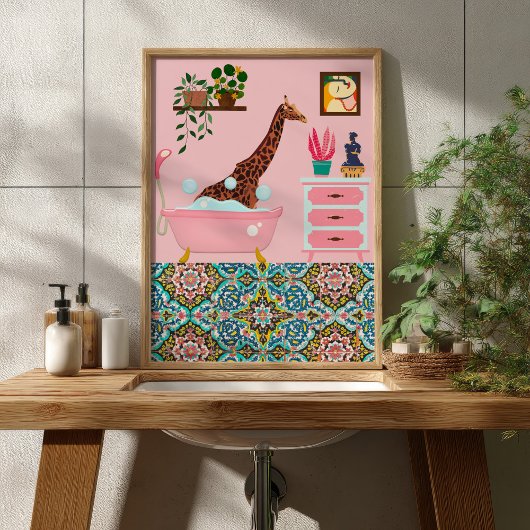Pink Bathing Giraffe Wall Art Print Poster