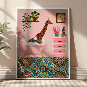 Pink Bathing Giraffe Wall Art Print Poster