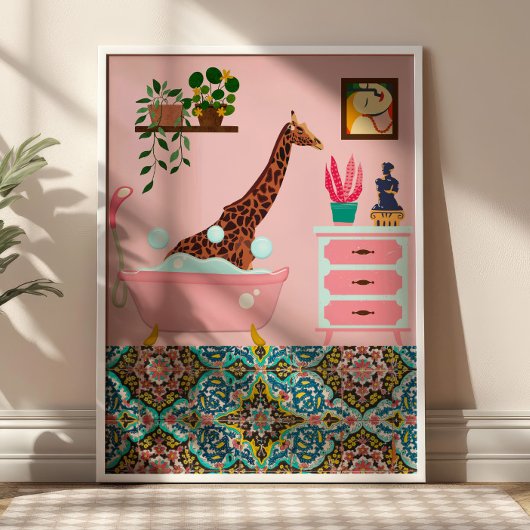Pink Bathing Giraffe Wall Art Print Poster