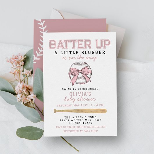Pink Batter Up Baseball Girl Babydusche Einladung