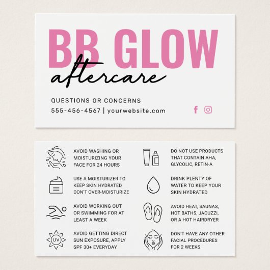 Pink BB Glow After Care Instruktionskarte (Vorne & Hinten)