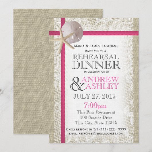 Pink Beach and Burlap Probe Dinner Einladung (Vorne/Hinten)