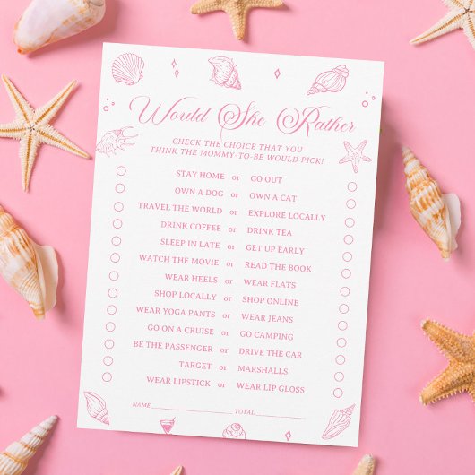 Pink Beach Baby Shower Would She Rather Game Card Einladung