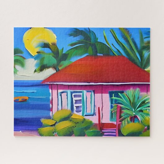 Pink Beach House Tropical Art Puzzle (Horizontal)