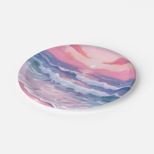 Pink Beach Ocean Shore gestrichen Pappteller (Schrägansicht)