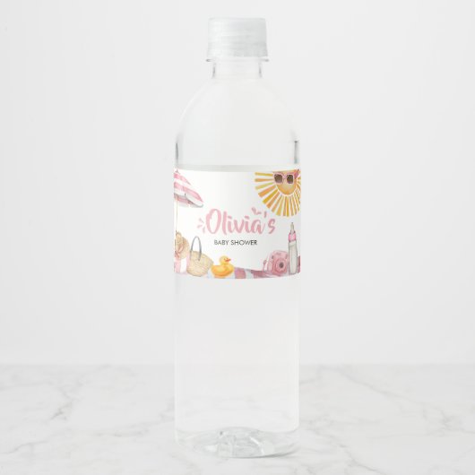 Pink Beach Summer Baby Dusche Wasserflaschenetikett (Vorderseite)