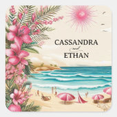 Pink Beach Wedding Quadratischer Aufkleber (Vorderseite)