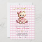 Pink Bear Baby Dusche Gingham kann frühzeitig wart Einladung (Vorderseite)