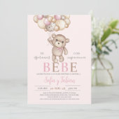 Pink Bear Baby Dusche Spanische Einladung (Stehend Vorderseite)