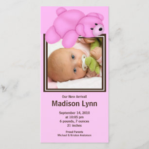 Pink Bear Baby Girl Birth Annoucement Ankündigung