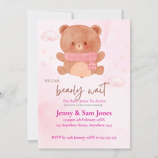 Pink Bear Baby Shower Invitation | Cute & Customis Einladung (Vorderseite)