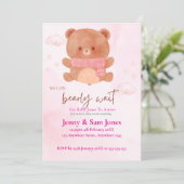 Pink Bear Baby Shower Invitation | Cute & Customis Einladung (Stehend Vorderseite)