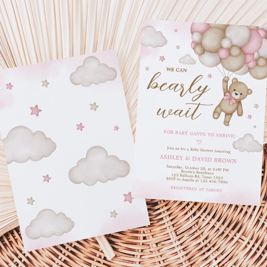 Pink Bear Balloon Baby Dusche Einladung