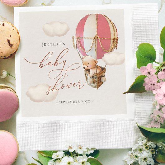 Pink Bear Balloon Baby Shower Girl Paper Serviette