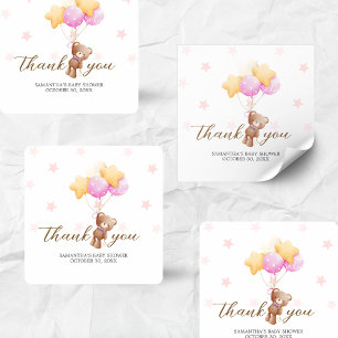 Pink Bear Balloon Babydusche Quadratischer Aufkleber