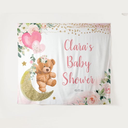 Pink Bear Balloon Babydusche Zeichenband Wandteppich (Vorderseite (Horizontal))