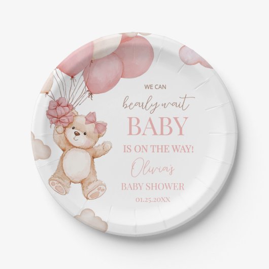 Pink Bear Balloon Bearly Wait Baby Shower Pappteller (Vorderseite)
