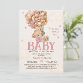 Pink Bear Balloons Girl Baby Dusche Einladung (Stehend Vorderseite)