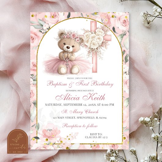 Pink Bear Baptism & First Birthday Invitation Einladung