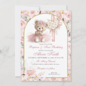 Pink Bear Baptism & First Birthday Invitation Einladung (Vorderseite)