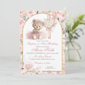 Pink Bear Baptism & First Birthday Invitation Einladung (Stehend Vorderseite)