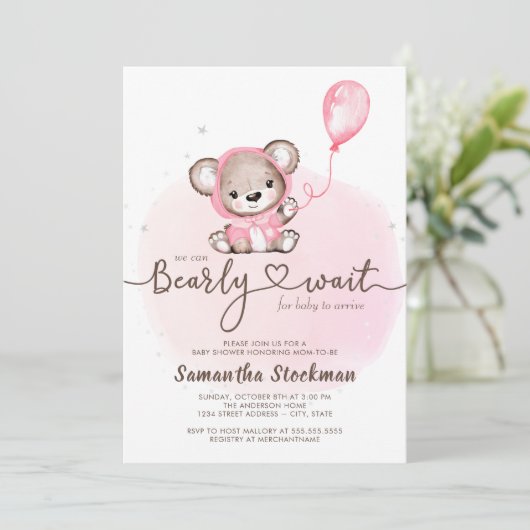Pink Bear Bear Bearly Wait Baby Dusche Einladung (Stehend Vorderseite)