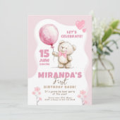 Pink Bear Birthday Bash 1st birthday Einladung (Stehend Vorderseite)