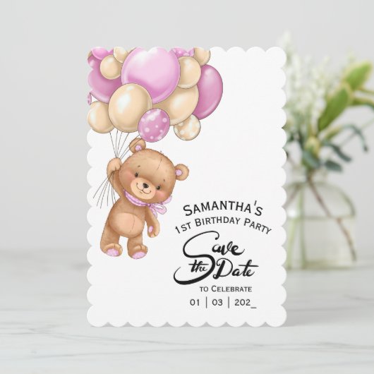 Pink Bear Birthday Girl Einladung (Stehend Vorderseite)