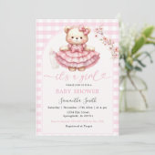 Pink Bear Bottle Baby Dusche Girl Pink Gingham Einladung (Stehend Vorderseite)