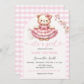 Pink Bear Bottle Baby Dusche Girl Pink Gingham Einladung (Vorne/Hinten)