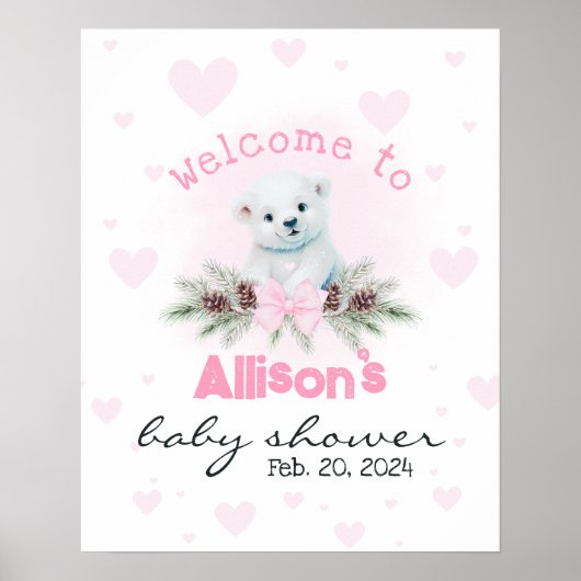 Pink Bear Cub Niedlich Baby Dusche Begrüßungszeich Poster (Vorne)