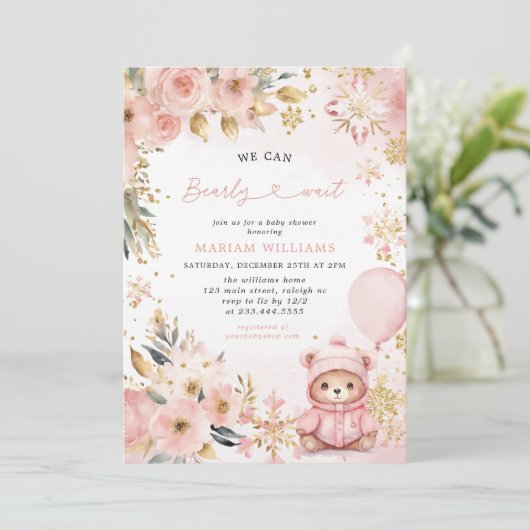 Pink Bear Floral Weihnachts Winter Girl Babydusche Einladung (Stehend Vorderseite)