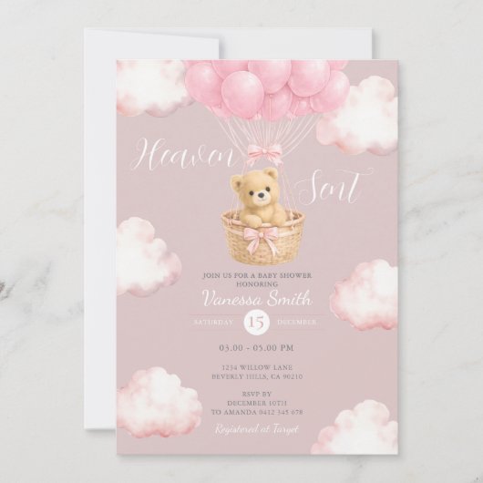 Pink Bear Heaven Sent Balloon Baby Shower Invite Einladung (Vorderseite)