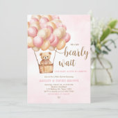 Pink Bear Hot Air Ballon Babydusche Einladung (Stehend Vorderseite)