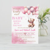Pink Bear Hot Air Ballon Babydusche Set Invitati Einladung (Stehend Vorderseite)