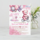 Pink Bear Hot Air Ballon Babydusche Set Invitati Einladung (Stehend Vorderseite)