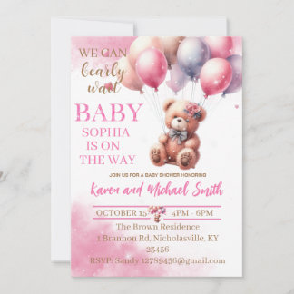 Pink Bear Hot Air Ballon Babydusche Set Invitati Einladung