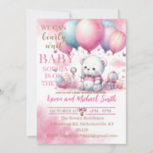 Pink Bear Hot Air Ballon Babydusche Set Invitati Einladung
