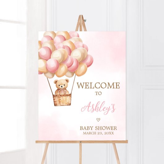 Pink Bear Hot Air Ballon Babydusche Willkommen Poster