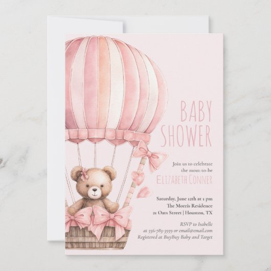 Pink Bear in Balloon Baby Shower Girl Einladung (Vorderseite)