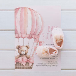 Pink Bear in Balloon Baby Shower Girl Einladung