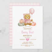 Pink Bear Pumpkin Fall Beary First Birthday Einladung (Vorne/Hinten)