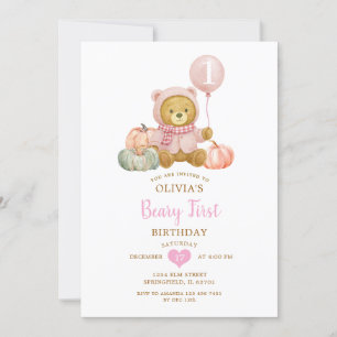 Pink Bear Pumpkin Fall Beary First Birthday Einladung