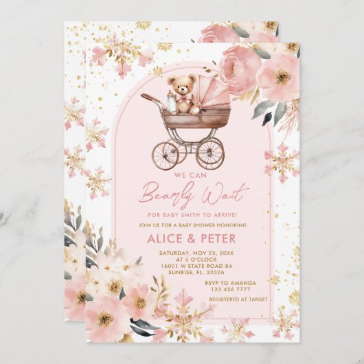Pink Bear Stroller Girl Bearly Wait Baby Dusche Einladung (Vorne/Hinten)