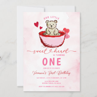 Pink Bear Sweetheart Valentine 1st Birthday Einladung