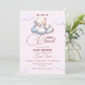 Pink Bear Wir sind auf Cloud 9 Baby Dusche Einladung (Stehend Vorderseite)