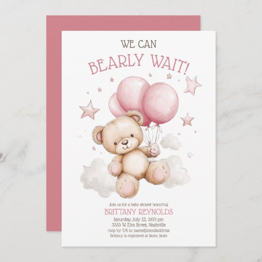 Pink Bearly Wait Bear Baby Dusche Einladung (Vorne/Hinten)