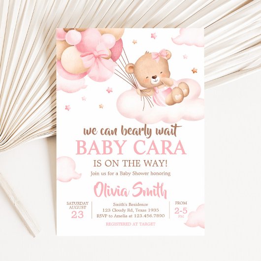 Pink Bearly Wait Clouds Baby Dusche Einladung